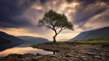 Tranquil Waters at Sunset: A Serene Nature Landscape - Generative AI.の素材