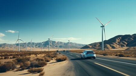 Car drives along a mountain road against the backdrop of wind turbines. Alternative energy for the car. An electric car against the backdrop of wind turbine farms - Generative AI.の素材