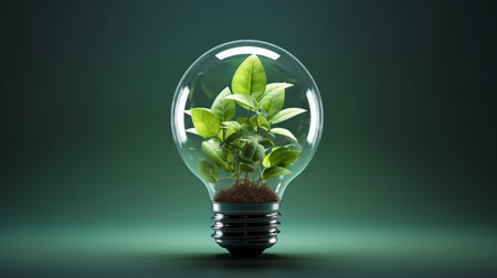 Eco friendly lightbulb from fresh leaves top vie, concept of Renewable Energy and Sustainable Living - Generative AI.の素材