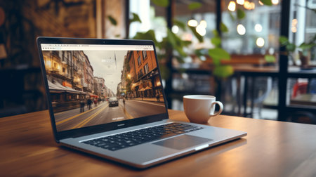 Laptop on coworking workplace with remote work interface - Generative AI.の素材