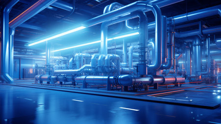 industrial premises. Pipes inside chemical plant. Factory for production of petrochemical products. Pipeline in manufactory. Equipment for production of toxic products. Chemical industry - Generative AI.の素材