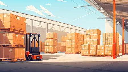 Warehouse center. Pallets with boxes in building. Forklift inside storage hangar. Cardboard parcels on boxes. Warehouse area. Forklift is loading. Delivery service warehouse. Logistics processes - Generative AI.の素材