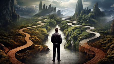 Man at two roads decision for the best chance of environment protection. superlative - Generative AI.の素材
