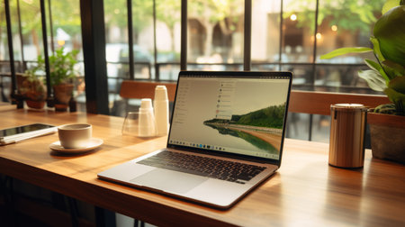 Laptop on coworking workplace with remote work interface - Generative AI.の素材