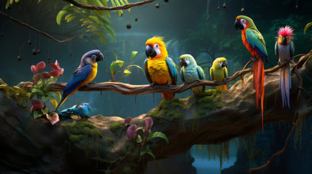 rainforest, Colorful birds - Generative AI.の素材