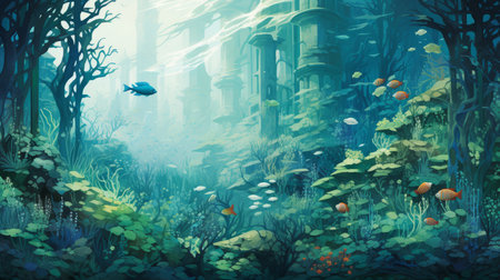 illustration of the underwater world, blue and green, fish, reefs - Generative AI.の素材