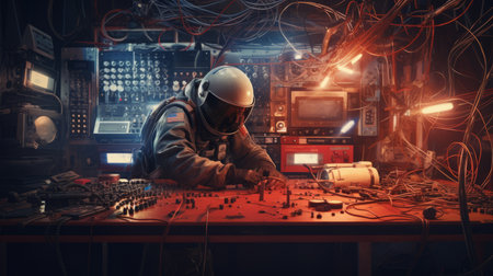 A man in a space suit is working on a metal piece in a factory filled with wires on the walls and numerous lights in the background - Generative AI.の素材