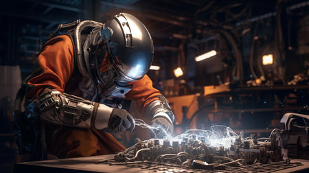 A man in a space suit is working on a metal piece in a factory filled with wires on the walls and numerous lights in the background - Generative AI.の素材