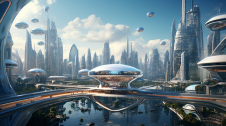 photo of a futuristic city where, rise, skyscrapers, cars and flying taxis, edge - Generative AI.の素材