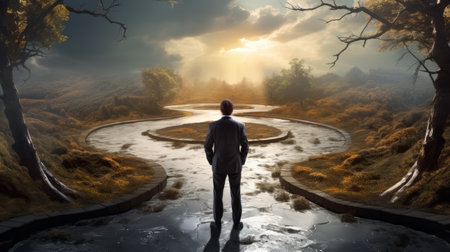Man at two roads decision for the best chance of environment protection. superlative - Generative AI.の素材