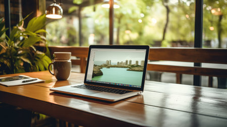Laptop on coworking workplace with remote work interface - Generative AI.の素材