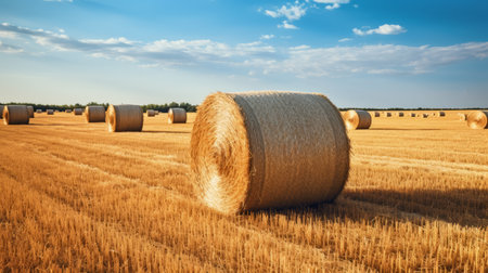 wind turbines in a field with bales of straw - Generative AI.の素材