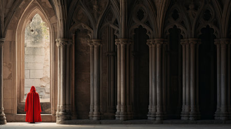 Cinematic medieval interior with a figure of a man in a mantle - Generative AI.の素材