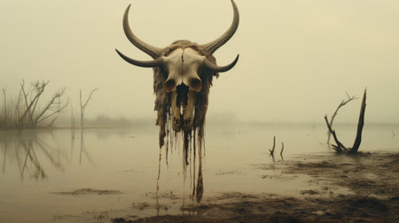 Creepy looking old buffalo skull with long horns that died in dirty murky water swamp, eerie mist of death and rotting decay hangs in air - Generative AI.の素材