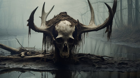 Creepy looking old buffalo skull with long horns that died in dirty murky water swamp, eerie mist of death and rotting decay hangs in air - Generative AI.の素材