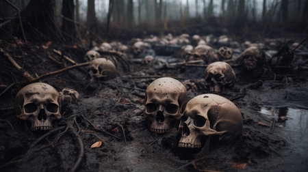 Skeletal remains of fallen warriors of war, human skulls and bones embedded in dirty wet rainfall swamp mud, death and decay, mass grave horror - Generative AI.の素材