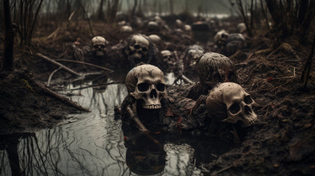 Skeletal remains of fallen warriors of war, human skulls and bones embedded in dirty wet rainfall swamp mud, death and decay, mass grave horror - Generative AI.の素材