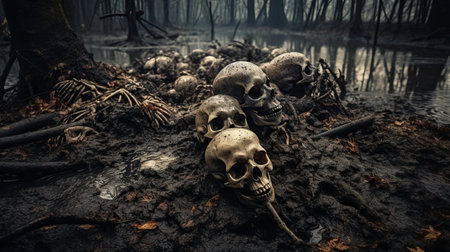 Skeletal remains of fallen warriors of war, human skulls and bones embedded in dirty wet rainfall swamp mud, death and decay, mass grave horror - Generative AI.の素材