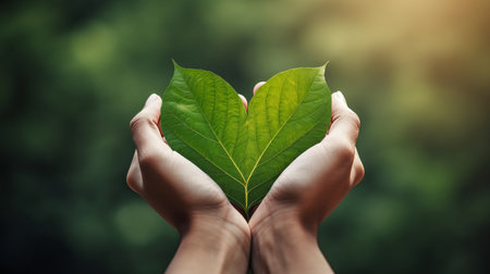 Green Energy, Renewable and Sustainable Resources. Environmental and Ecology Care Concept. Close up of Hand Holding a Heart Shape Green Leaf on Chest - Generative AI.の素材