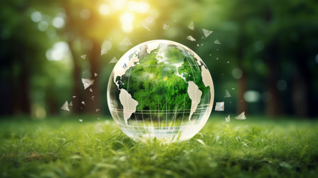 Glass globe in green forest with the icon environment of ESG, co2, circular company, and net zero. Technology Environment, Organization Sustainable development environmental - Generative AI.の素材