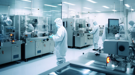 A high-tech clean room where scientists work with nanotechnology. The room is filled with microscopic manipulators, nanorobots and scientists - generative ai.の素材