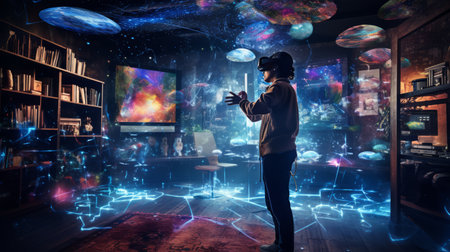 Virtual Chamber: A room where users, immersive virtual, chamber is equipped, VR gear, holographic - generative ai.の素材