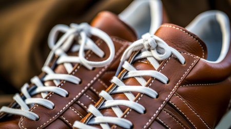 Close up of brown leather men's shoes with white shoelaces - generative ai.の素材