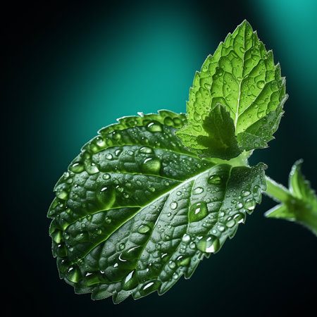 Fresh mint leaves with water drops on dark green background, closeup - generative ai.の素材