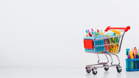 Back to school concept. Shopping cart with office stationery on white background, panorama, copy space for advertisement - generative ai.の素材