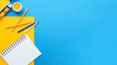 Assorted office and school white and blue stationery on bright yellow background. Organized knolling for back to school or education and craft concept. selective focus. Banner. Copy space - generative ai.の素材