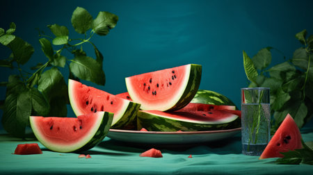 Slices of watermelon on the table in summertime - generative ai.の素材