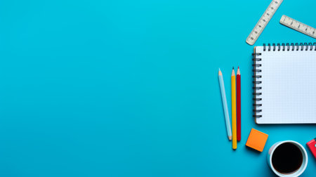 Office stationery supplies, blue background - generative ai.の素材