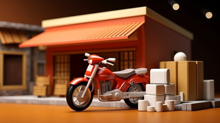 shipment delivery by motorcycle and store background delivery transportation concept - generative ai.の素材