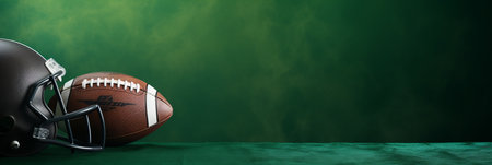 Leather american football on green background. Sport team concept. Horizontal sport theme poster, greeting cards, headers, website and app - generative ai.の素材
