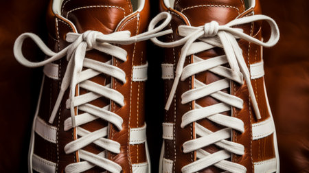 Close up of brown leather and white laces of American Football - generative ai.の素材