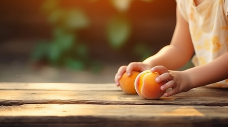 Small child takes a ripe peach. Sweet fresh peaches on a vintage wooden table. Delicious and healthy food for kids in summer - generative ai.の素材