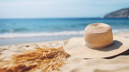 Nice straw hat laying on the sand. beautiful ocean beach background. outdoors. vacation time. End of summer holidays. Dreaming of holidays by the sea. Traveling - generative ai.の素材
