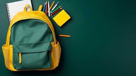top view of yellow backpack with color pencils, notebooks, scissors and paintbrushes near green chalkboard - generative ai.の素材