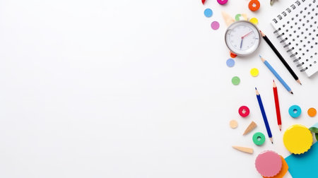 stationery accessories isolated on white background. Office supplies products, top view with copy space - generative ai.の素材