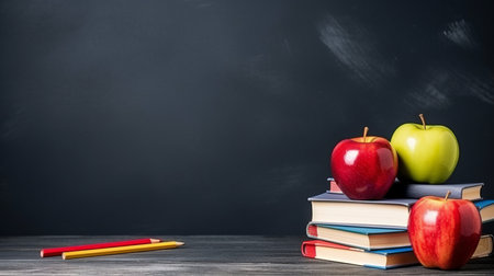 The concept of going back to school. School supplies with books, pencils and an Apple on the blackboard background Space for text - generative ai.の素材
