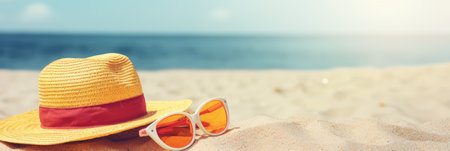 Sun protection accessories on sea shore. Red sunglasses, yellow straw hat and sunscreen cream bottle on sandy beach. Summer and holidays - generative ai.の素材