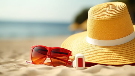 Sun protection accessories on sea shore. Red sunglasses, yellow straw hat and sunscreen cream bottle on sandy beach. Summer and holidays - generative ai.の素材
