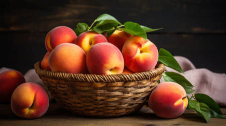 Ripe juicy organic nectarines (peaches) in a wicker basket. - generative ai.の素材