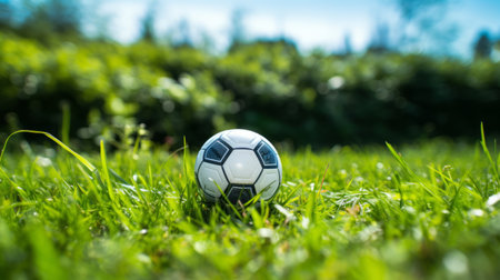 football on fresh spring green grass - generative ai.の素材