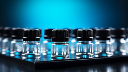 A row of small glass vials with black dropper caps. The bottles are transparent and empty, arranged in a row, a laboratory with scientific equipment, generative ai.の素材