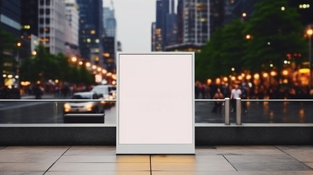 display blank clean screen or signboard mockup for offers or advertisement in public area with people walking, generative ai.の素材