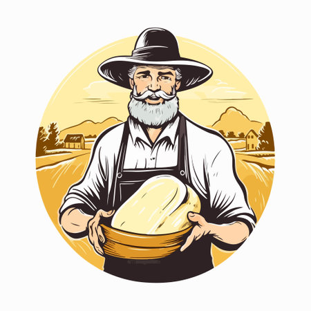 Farmer with holding cheese round. Organic milk products industry. Cow milky farm eco business. Health nutrition.のイラスト素材