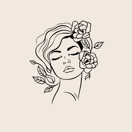 Woman Line Art Minimalist Logo. Nature Organic Cosmetics Makeup. Flower head Feminine Illustration line drawing. Woman face with flowers line.のイラスト素材