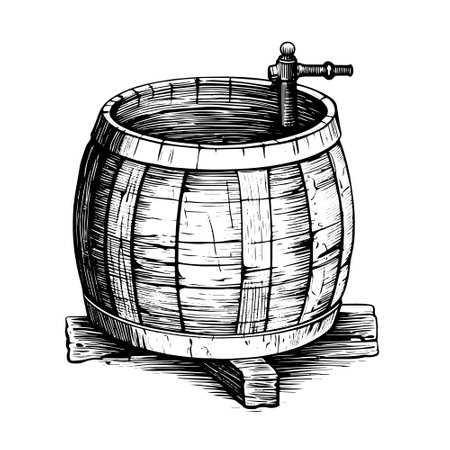 Wooden barrel with faucet sketch. Hand drawn vintage illustration.のイラスト素材