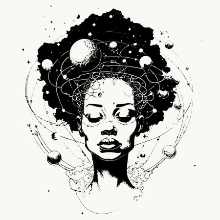 a woman's head with a space inside it, an ink drawing.のイラスト素材